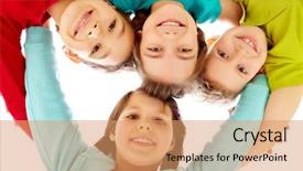  Presentation with team kids - Colorful theme enhanced with team of happy kids embracing together backdrop and a coral colored foreground