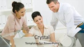  Presentation with reading - Cool new PPT theme with team of happy office people reading document at office backdrop and a soft green colored foreground