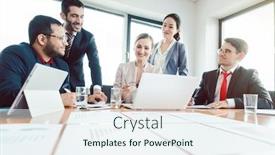  Presentation with international business - Slide deck having team of international office workers discussing business development background and a sky blue colored foreground