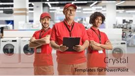  Presentation with electrical - Presentation theme featuring team-of-male-store-assistants background and a red colored foreground