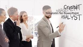  Presentation with office management - Presentation theme having team of managers at conference background and a light gray colored foreground