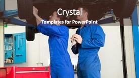  Presentation with mechanics - Beautiful PPT theme featuring team of mechanics working together at the repair garage backdrop and a wine colored foreground