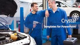  Presentation with mechanics - PPT theme with team of mechanics working together at the repair garage background and a ocean colored foreground