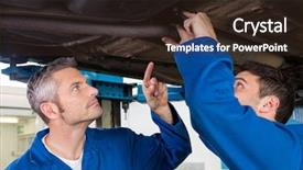  Presentation with mechanics - Audience pleasing theme consisting of team of mechanics working together at the repair garage backdrop and a wine colored foreground
