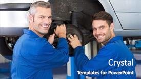  Presentation with mechanics - Cool new theme with team of mechanics working together at the repair garage backdrop and a ocean colored foreground