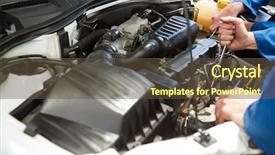  Presentation with mechanics - Slide deck featuring team of mechanics working together at the repair garage background and a tawny brown colored foreground