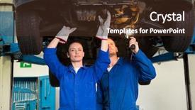  Presentation with mechanics - Beautiful slide deck featuring team of mechanics working together at the repair garage backdrop and a tawny brown colored foreground