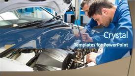  Presentation with mechanics - Beautiful presentation theme featuring team of mechanics working together backdrop and a ocean colored foreground