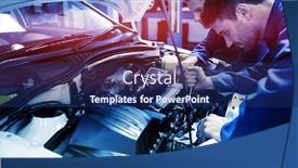  Presentation with mechanics - Slide deck enhanced with team of mechanics working together at the repair garage background and a navy blue colored foreground