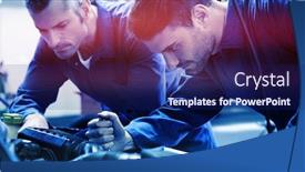  Presentation with mechanics - PPT theme with team of mechanics working together at garage background and a navy blue colored foreground