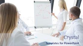  Presentation with team health - Presentation design with team-of-medical-doctors-discuss background and a sky blue colored foreground