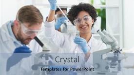  Presentation with research - PPT theme having team-of-medical-research-scientists background and a light blue colored foreground