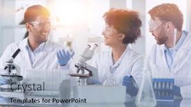  Presentation with drug - Presentation theme featuring team-of-medical-research-scientists background and a light blue colored foreground