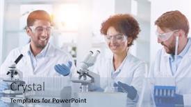  Presentation with drug - Presentation theme with team-of-medical-research-scientists background and a light blue colored foreground