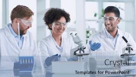  Presentation with drug - Presentation design enhanced with team-of-medical-research-scientists background and a light blue colored foreground