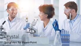  Presentation with drug - Slides enhanced with team-of-medical-research-scientists background and a light blue colored foreground