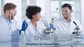  Presentation with drug - Theme having team-of-medical-research-scientists background and a light blue colored foreground