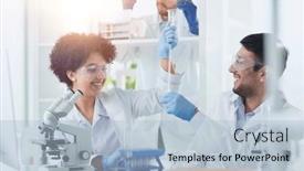  Presentation with drug - Slide deck enhanced with team-of-medical-research-scientists background and a light blue colored foreground