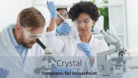  Presentation with drug - Presentation design consisting of team-of-medical-research-scientists background and a light blue colored foreground