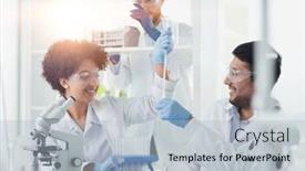  Presentation with drug - Slide set enhanced with team-of-medical-research-scientists background and a light blue colored foreground