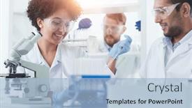  Presentation with drug - PPT theme consisting of team-of-medical-research-scientists background and a light blue colored foreground