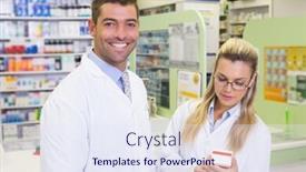  Presentation with hospital pharmacy - Presentation theme enhanced with team of pharmacists looking at medicine at the hospital pharmacy background and a sky blue colored foreground