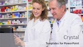  Presentation with hospital pharmacy - PPT theme consisting of team of pharmacists looking at computer at the hospital pharmacy background and a sky blue colored foreground