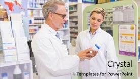  Presentation with medication - PPT theme with team of pharmacists speaking about medication in the pharmacy background and a light gray colored foreground