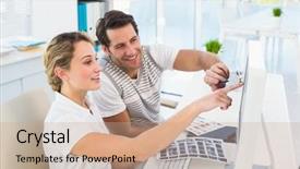  Presentation with office images - Colorful PPT layouts enhanced with team of photo editors looking at images on screen on their office backdrop and a coral colored foreground