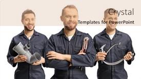  Presentation with plumbing - PPT theme consisting of team-of-plumbers-holding-plumbing background and a coral colored foreground