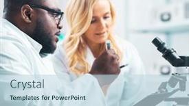  Presentation with research engineer - Slide set having team-of-professional-scientists-working background and a sky blue colored foreground