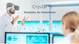  Presentation with research engineer - Presentation theme having team-of-professional-scientists-working background and a sky blue colored foreground