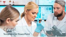  Presentation with research engineer - Slides with team-of-professional-scientists-working background and a light blue colored foreground