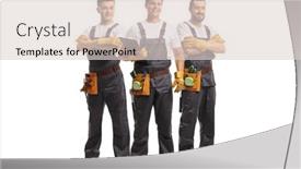  Presentation with team building on white - Amazing PPT theme having team-of-repairmen-in-uniforms backdrop and a lemonade colored foreground