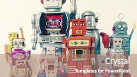  Presentation with robot - Beautiful PPT layouts featuring team of robot toys backdrop and a coral colored foreground