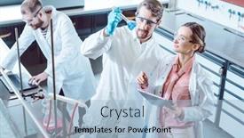  Presentation with lab - Audience pleasing slide deck consisting of team-of-scientists-during-experiment backdrop and a light blue colored foreground