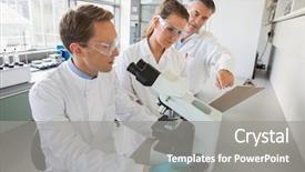  Presentation with team working together - Colorful presentation enhanced with team of scientists working together backdrop and a gray colored foreground