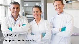  Presentation with team working together - PPT theme consisting of team of scientists working together background and a light gray colored foreground