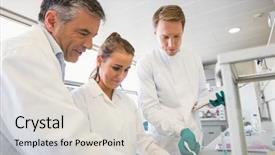  Presentation with team working together - Cool new presentation theme with team of scientists working together backdrop and a light gray colored foreground