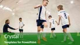  Presentation with team training - Audience pleasing presentation theme consisting of team of several sporty boys backdrop and a forest green colored foreground