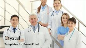  Presentation with team - Cool new slide deck with team of smiling doctors indoors backdrop and a  colored foreground