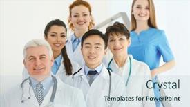  Presentation with multiracial team of young doctors stacking hands - Amazing PPT theme having team of smiling doctors indoors backdrop and a  colored foreground