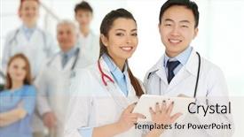  Presentation with multiracial team of young doctors stacking hands - Colorful slide set enhanced with team of smiling doctors indoors backdrop and a  colored foreground