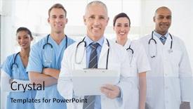  Presentation with camera - Presentation design having team of smiling doctors looking background and a light blue colored foreground