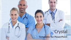  Presentation with multiracial team of young doctors stacking hands - Presentation theme having team of smiling doctors looking background and a light blue colored foreground
