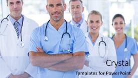  Presentation with camera - Presentation design featuring team of smiling doctors looking background and a light blue colored foreground