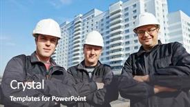  Presentation with team building - Cool new PPT theme with team of smiling foreman builders backdrop and a dark gray colored foreground