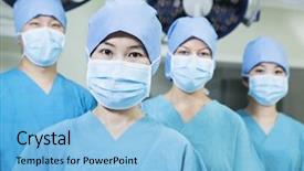  Presentation with surgical masks - Audience pleasing presentation design consisting of team of surgeons wearing surgical masks in the operating room backdrop and a light blue colored foreground