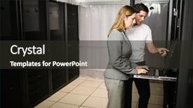  Presentation with team working together - PPT theme having team of technicians working together on servers at the data centre background and a wine colored foreground