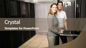  Presentation with servers - Beautiful slide set featuring team of technicians working together on servers at the data centre backdrop and a violet colored foreground